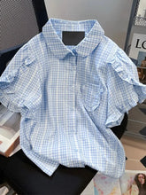 Lunivop Ruffles Sweet Plaid Shirt Women Loose Puffy Sleeve Cute Blouse Korean Vintage Casual Summer Elegant Female Retro Design Top