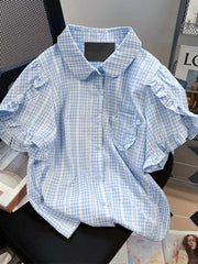 Lunivop Ruffles Sweet Plaid Shirt Women Loose Puffy Sleeve Cute Blouse Korean Vintage Casual Summer Elegant Female Retro Design Top