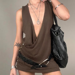 Lunivop BKLD Simple Sexy Deep V Neck Off-shoulder Sleeveless Solid Color Ruched Design Casual Tank Tops For Women Trendy Streetwear Vest