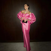 Lunivop Trendy Bubblegum Pleated Satin Long Evening Gowns Off Shoulders Puffy Sleeve Sweetheart Mermaid Banquet Dress Celebrity Dress