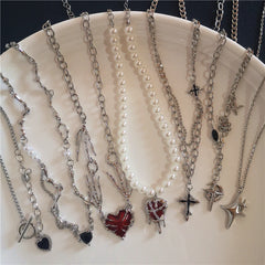 Lunivop Gothic Punk Red Peach Heart Star Pendant Beads Necklace Women Men Dark Love Ghost Claw Choker Vintage Y2K EMO Grunge Accessories