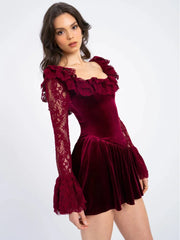 Lunivop Patchwork Sexy Backless Sheer Lace Women Mini Dress Flare Sleeve High Waist Dress Female Winter New Elegant Party Outfit