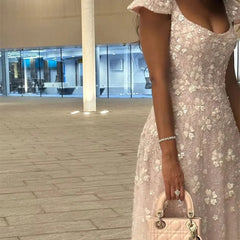 Lunivop Elegant Lace Appliqued Prom Dress Customized Square Neck Short Sleeves A Line Shining Evening Gowns Floor Length Prom Gowns