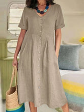 Lunivop Spring/Summer New Cotton and Hemp Dress V-neck Fashion Short Sleeved Single Breasted Elegant Loose High Waist Pleated Dress