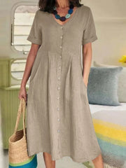 Lunivop Spring/Summer New Cotton and Hemp Dress V-neck Fashion Short Sleeved Single Breasted Elegant Loose High Waist Pleated Dress