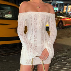 Lunivop Lace Slim Mini Dress for Women Off The Shoulder Sexy Long Sleeves Club Party Dresses Bodycon Elegant Autumn Dress