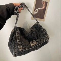 Lunivop Harajuku Style Vintage Denim Tote Bag Women Casual Commute Large Capacity Shoulder Bag Ladies Versatile Chain Crossbody Bag