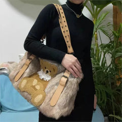 Lunivop Vintage Bear Plush Y2k Handbag Women Hot Girl Sweet Casual Brown Shoulder Crossbody Bag Female Large Capacity Cute Purse