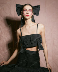 Lunivop Modern Black 2 Pieces Set Women Satin Outfit Sling Bow Short Top & Hi Waist Pleated Long Skirts Matching Lady Fashion Prom Gowns