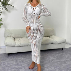 Lunivop Women's Beach Holiday Long Sleeve Tie Up Sunscreen Smock Knitting Solid Color Beachwear Cover Up Elegant Hollow Out Long Dress