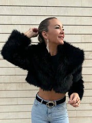 Lunivop Turn-down Collar Faux Furs Women Coats Casual Long Sleeved Jackets For Woman Autumn Winter Soft Warm Short Black Outwears Tops