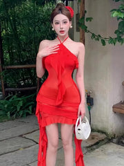 Lunivop Sexy Dresses Women Irregular Ruffles Sleeveless Halter Mesh Patchwork Slim Backless Elegant Dress Party Female Holiday