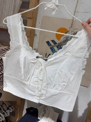 Lunivop White Lace Trim Slim Tank Tops Women New Lace-up V-neck Single Breasted Sleeveless Crop Top Sweet Simple Basic Cropped Vest Y2K