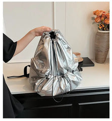 Lunivop Silver Y2k Backpack Women Harajuku Drawstring Pu Leather Large Capacity Backpacks Schoolbag Student Retro Y2k Mochila