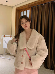 Lunivop Winter Sweet Faux Lamb Coat Women Elegant Long Sleeve Slim Retro Jacket Warm Soft Female Korean Single Breasted Vintage Top