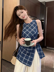 Lunivop Vintage Slit Plaid Tanks Women Casual O Neck Sleeveless Korean Retro Tanks Summer Simple Design Female Elegant Tops New