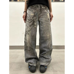 Lunivop Autumn Blue High Street Chain Print Frayed Washed Baggy Jeans Women Y2k 90s Casual Loose Denim Trousers Casual Pants