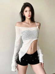 Lunivop Slash Neck Women Sexy Slim Irregular Solid Tees Off Shlouder See Through Vintage T-Shirt Y2k Harajuku Female Crop Top Streetwear