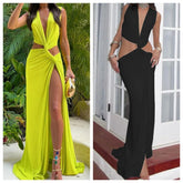 Lunivop Summer New Women's Fashion and Sexy European and American Style V-neck Hollow Slim Fit Split Sleeveless Long Dress