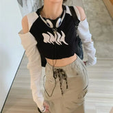 Lunivop Korean Crop Top Long Sleeve T-shirt Women Y2k Off Shoulder Hollow Out Grunge TShirts Fairy Korean Sexy Harajuku Tee Shirt
