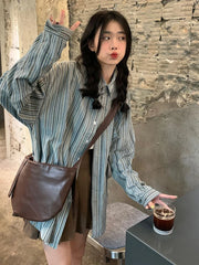 Lunivop Striped Loose Retro Shirts Women Casual Preppy Style Long Sleeve Blouse Vintage Female Pockets All Match Spring Korean Tops