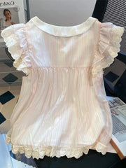 Lunivop Women Cute Striped Shirt Vintage Sweet Lace Bow Flying Sleeve Kawaii Blouse Casual Summer Peter Pan Collar Lady Design Tops