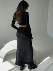 Lunivop Round Neck Two Piece Sets Women Skirt Suit Long Sleeve T-shirts Long Skirt Female Autumn Winter Slim Elegant Skirt Sets