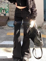 Lunivop Street Vintage Black Bell Bottom Jeans for Women 2025 Spring New Denim Pants Y2k High Waist Multiple Pockets Trousers