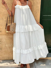 Lunivop Ruffle Pleated Sling Midi Dress Women Elegant Sleeveless Backless Loose Robes 2025 Summer Female Vacation Beach Party Long Dress