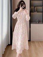 Lunivop Pink Floral Chiffon Casual Beach Long Dress Women Spring Elegant Chic Bow Y2k Dress Korean Fashion Bodycon Evening Dresses