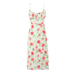 Lunivop Summer Beige Rose Flower Print Backless Sling Dress Holiday Woman Adjust Spaghetti Strap Dresses Beach Holiday Robe Vestidos