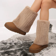 Lunivop Winter Mid-calf Boots Thick Plush Thick Sole Non-slip Fashion Solid Color Cotton Women Boots Retro Brown Snow Boots