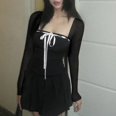 Lunivop Women Sweet Lace Trim Bow Pleated Dress Mini Coquette Korean Fashion Square Neck Autumn Dress Clothes Kawaii Lolita