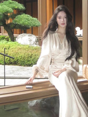 Lunivop Elegant Bodycon Satin Midi Dresses for Women Autumn Lantern Sleeve V-Neck Lace-up Mermaid Evening Party Dress Robe Vestidos New