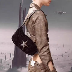 Lunivop Vintage Black Y2k Handbag Women Hot Girls Fashion Star Zipper Casual Underarm Bag Ladies Retro Hobos Bag Purse Chic