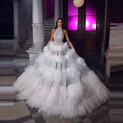 Lunivop Gorgeous High Neck Sleeveless A Line Wedding Gowns Glitter Beaded Sequin Long Bride Dresses Tiered Ruffled Vestido De Novia