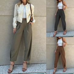 Lunivop Women Casual Office Lady Ankle Banded Pants Work Solid Color Tailored Draped Simple Ankle-Length Trousers with Pockets