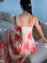 Lunivop Women Sweet Pink Floral Elegant Sleeveless Ruffled Edges Slip Dresses Summer Romantic Bohemian Sexy Birthday Evening Party Dress