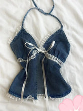 Lunivop American Vintage Denim Sling Vest Y2K Goth Age Reduction Unique Slim Tanks Halter Lace Patchwork Bow All-match New Tees