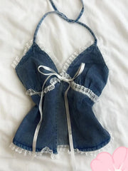 Lunivop American Vintage Denim Sling Vest Y2K Goth Age Reduction Unique Slim Tanks Halter Lace Patchwork Bow All-match New Tees