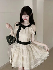 Lunivop Off Shoulder Bow Sweet Dress Women Vintage O Neck Casual Elegant Mini Dress Lace Patchwork Retro Slim Lady Summer Vestidos