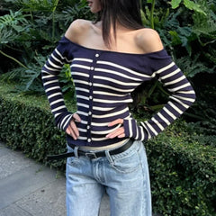 Lunivop Korean Retro Contrast Color Striped Sexy Long Sleeve Sweater Women 2024 Autumn New Off-shoulder Buttons Sexy Knitted Crop Tops