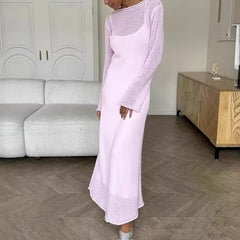 Lunivop Elegant Knitted Sweater Long Dress Women Sexy See Through Mesh Maxi Dress Sweet Fashion Solid Beach Vacation Dresses