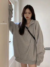 Lunivop Korean Fashion Gray Oversized Sweatshirts Women Harajuku Zip Up Hoodie Vintage Loose Casual Polo Collar Pullover Tops