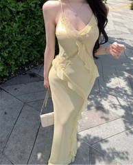 Lunivop Women Dresses Sleeveless Lace Patchwork Ruffles V Neck Slim Backless Holiday Party Dress Female Fashion Sweet Casual