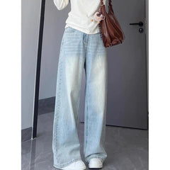 Lunivop Washed Vintage Straight Jeans Women Versatile Casual High Waisted Light Blue Denim Pants Woman Streetwear Wide Leg Trousers