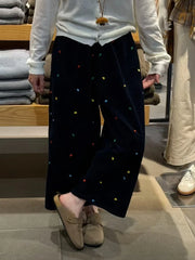Lunivop New Fall Winter Korean Retro Corduroy Pants Women Embroidered Wide Leg Trousers Plush Lined High Waist Casual Straight Leg Pants