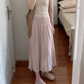 Lunivop Elegant Sweet Pink Long Skirt Women Korean Style Fairycore Ruffle Skirts Fashion Vintage Casual Streetwear A-line Skirt