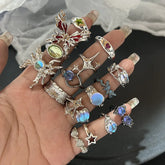 Lunivop Kpop Fashion Goth Vintage Opal Crystal Heart Star Rings Set For Women Aesthetic Y2K EMO 2000s Scenes Jewelry Grunge Accessories