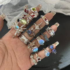 Lunivop Kpop Fashion Goth Vintage Opal Crystal Heart Star Rings Set For Women Aesthetic Y2K EMO 2000s Scenes Jewelry Grunge Accessories